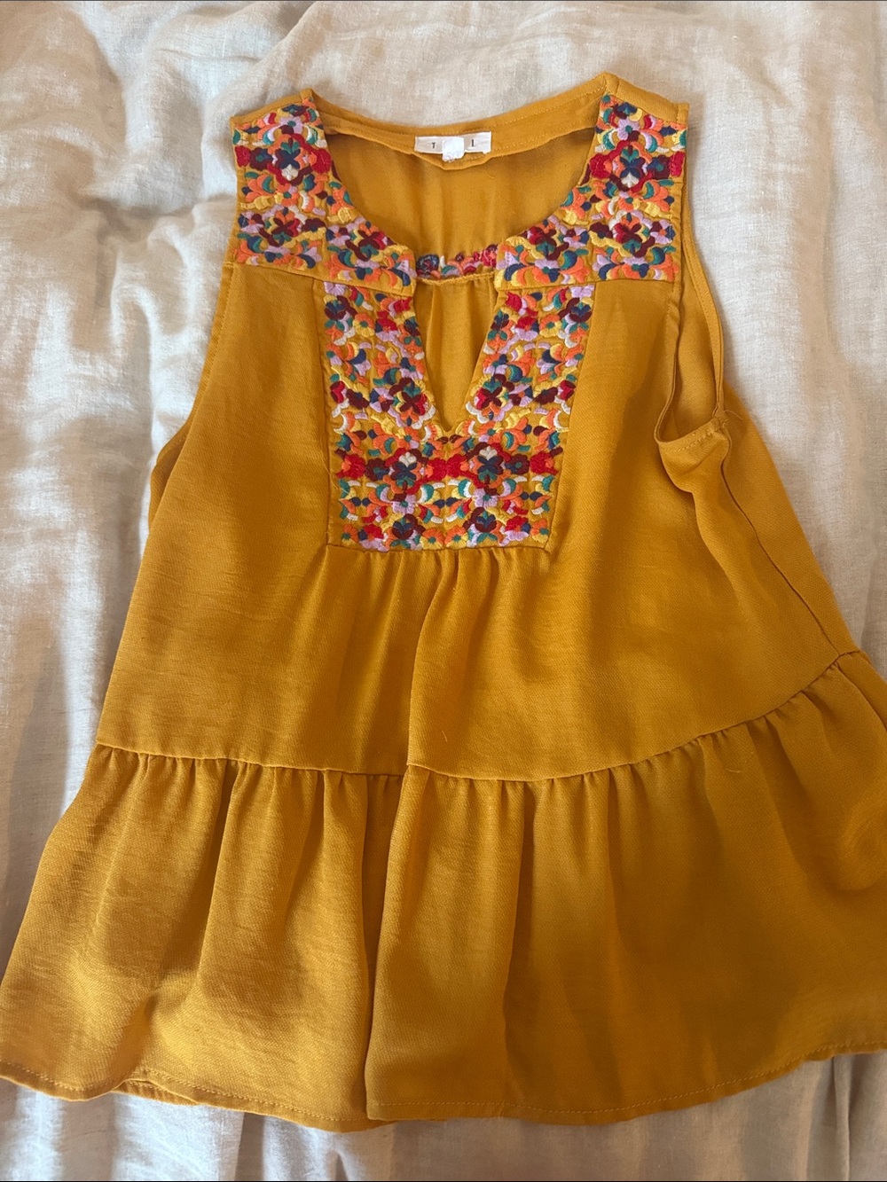 THML Mustard Tiered Sleeveless Embroidered Top
